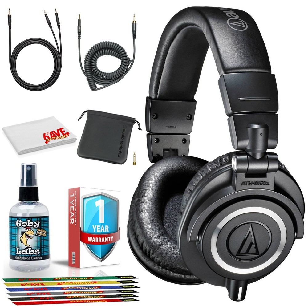 Audio-Technica ATH-M50x Monitor Headphones (Black) with Cleaning Kit, 6Pk Cable