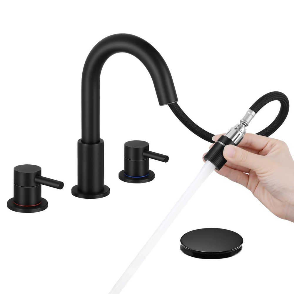 Matte Black Pull Down Bathroom Faucet 3 Hole with Pop Up Drain, Bathroom Sink…