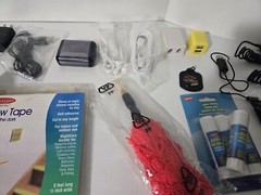 Mixed Lot Of Office Supplies, Chargers, Ear Buds, Exc. Check Photos