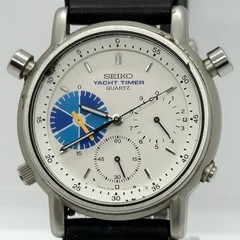 SEIKO Watch Yacht Timer 7A28-7090 351142 White Quartz Leather Men’s Auth Rare