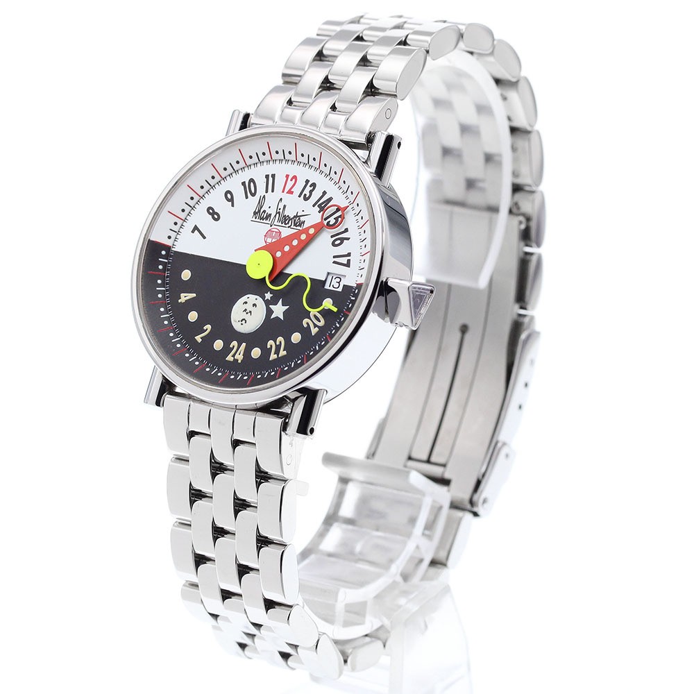 Alain Silberstein 24 Hours Automatic Date Mens Watch SS 35mm White Black Dial