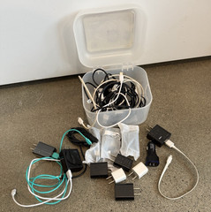TUMI Mixed Lot Chargers, Cables & Wall Adapters w/ Storage Box