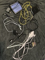 Electronics Junk Lot 2 Modems, Broken Flash Light, Cords, Broken Metal Detector