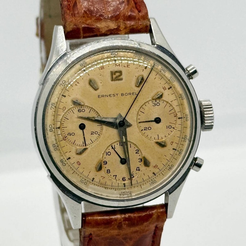 ERNEST BOREL Watch Round SS/Leather Beige Triple Chrono Hand-wound Men’s Working